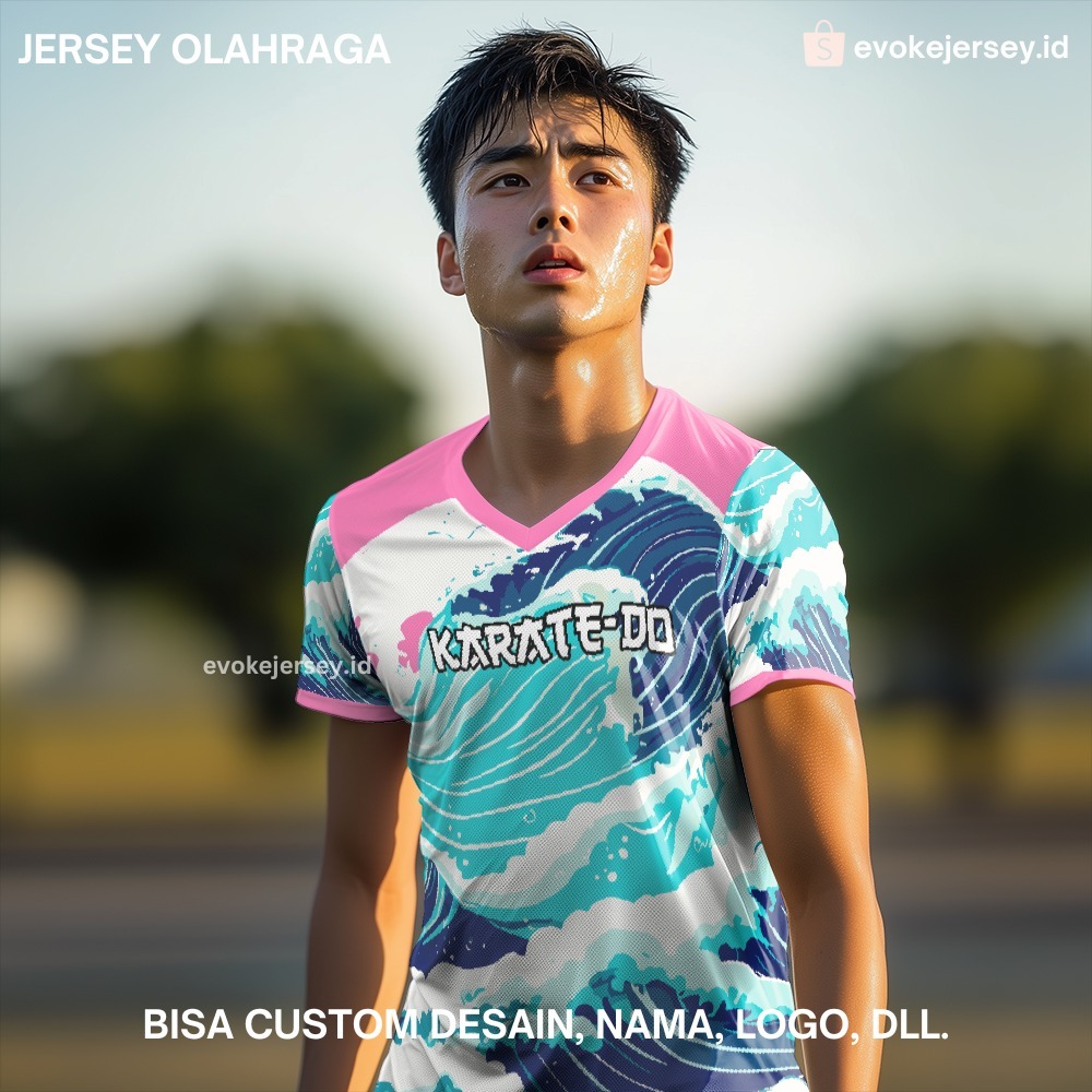 Kaos Jersey Karate Tosca Biru Pink Motif Ombak 234 - Jersey Olahraga Custom