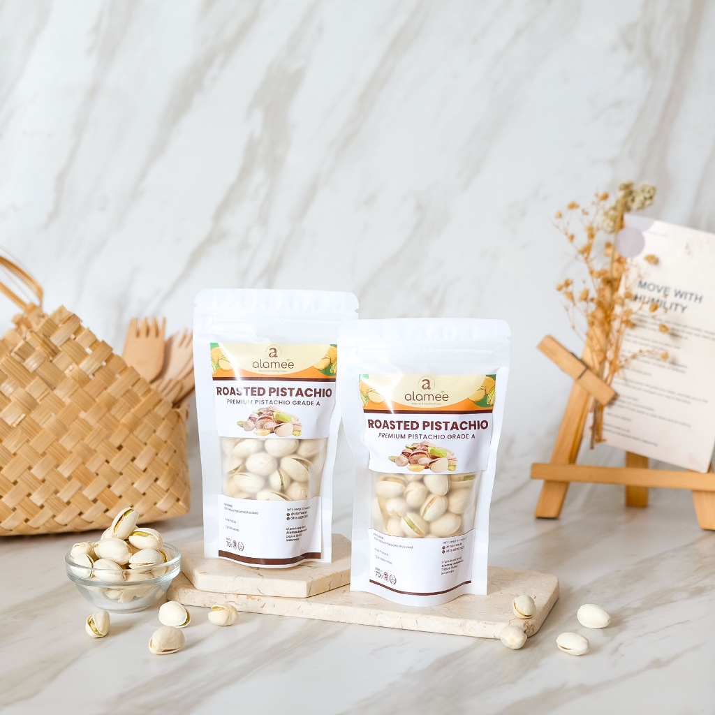

ALAMEE Kacang Pistachio Premium Roasted Pistacio 70gr Fustuk Panggang Organic Dalam Cangkang Renyah