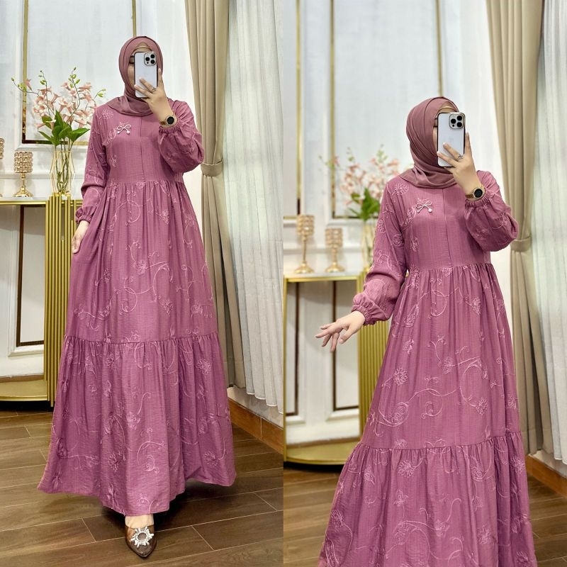 Dress Katun Linen Bordir.ori Premium / Gamis Motif Brodir Terbaru / Gamis Bordir Bushui / Gamis Seha