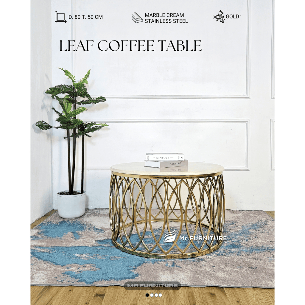 meja tamu bulat model daun stainless gold top marmer krem d 80 t 50 cm