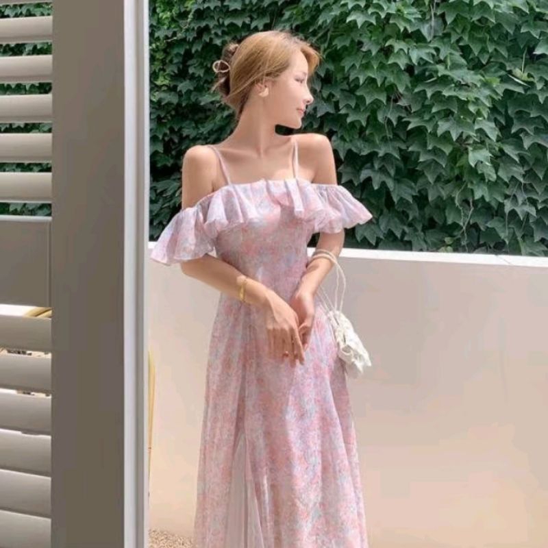 Gaun Pink Summer Dress big size Party Dress Woman Manis Floral Gaun Terbuka Modis Sexy Big Size Prom