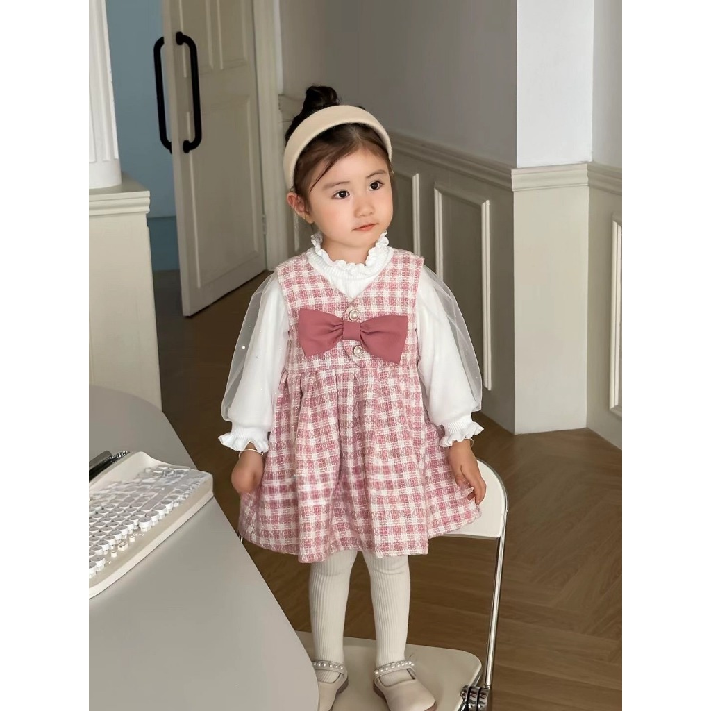 Dress Tweed Anak Perempuan Usia 1-4 Tahun | Baju Dress Model 2in1 Lengan Panjang Serut Balon Tile Ko