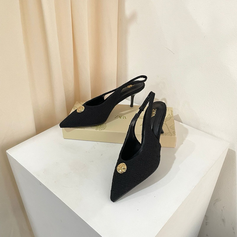 High heels tweed by Zara fullblack 7cm high quality fashion shoes sepatu wanita hak tinggi tali bela