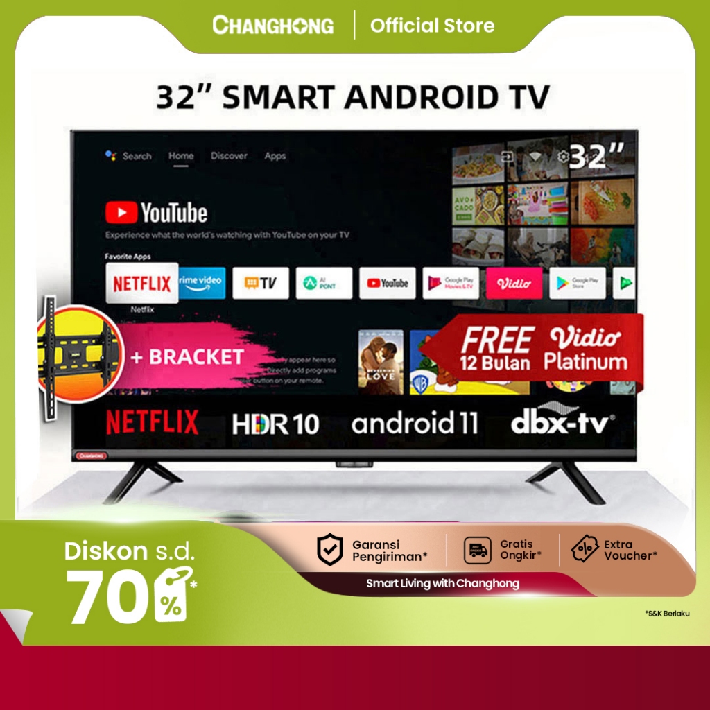 Changhong 32 Inch Newest Android 11 Frameless Smart TV Digital Neflix LED TV-L32G7N-Garansi 3  Resmi