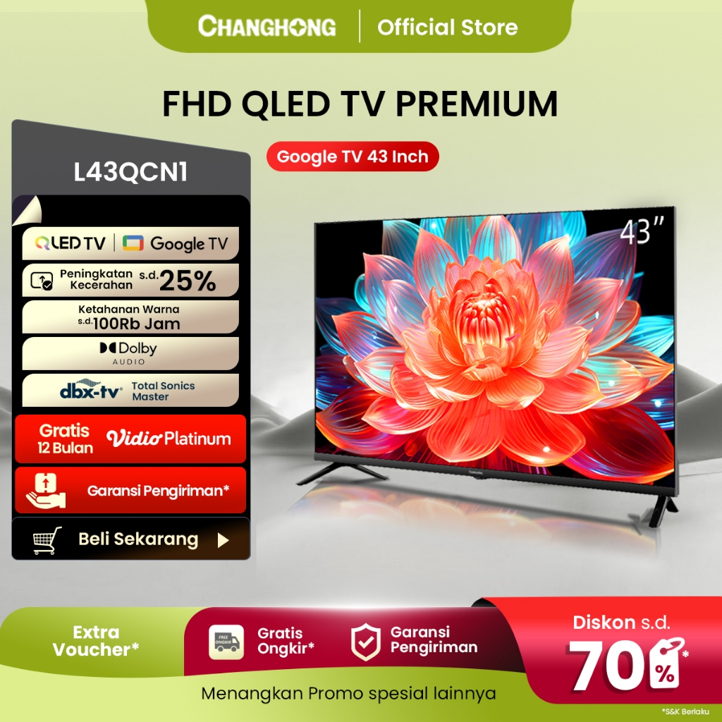 Changhong QLED TV 43 inch FHD Dolby Audio Google Play Netflix Youtube Bluetooth USB Google Assistant