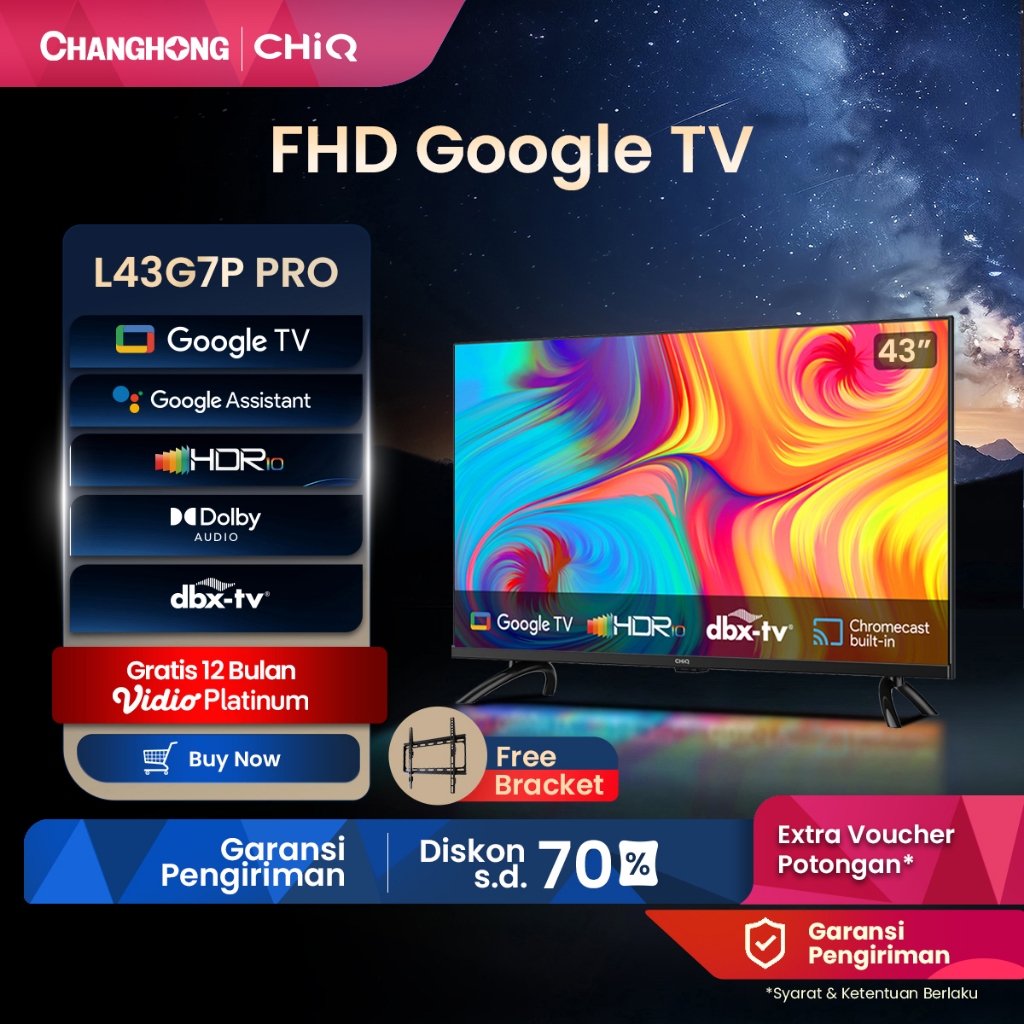 Changhong CHiQ Google TV 43 inch Digital Smart TV Full HD Dolby Audio Google Assistant Netflix Youtu