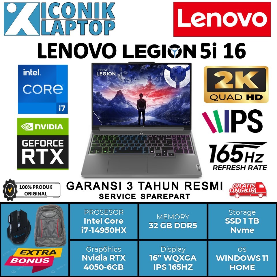 Lenovo LEGION 5i 16 Intel i7 14650HX 32GB DDR5 1TB  RTX 4050-6GB 100SRGB IPS 165HZ  Garansi Resmi 3Y