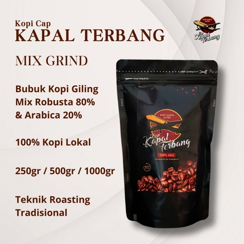 

Kopi Bubuk Mix Robusta 80% & Arabica 20% – Kapal Terbang Bundling | 250gr / 500gr / 1000gr | Gilingan Halus / Medium / Kasar