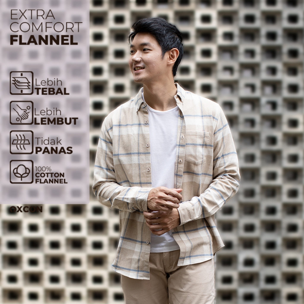 Kemeja Flannel OXCON cotton Cream Blue Teal