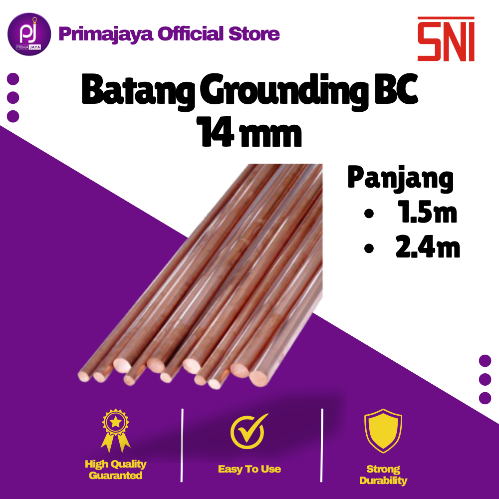 Batang BC Grounding Rood Tembaga Campuran Panjang 1.5M 2.4M Ukuran 14MM Bare Copper Bonded Tiang Ard
