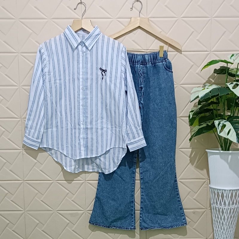 Tania Setelan Wanita Atasan Katun Motif Salur Dan Celana Cutbray Jeans Wash One Set Wanita Terlaris