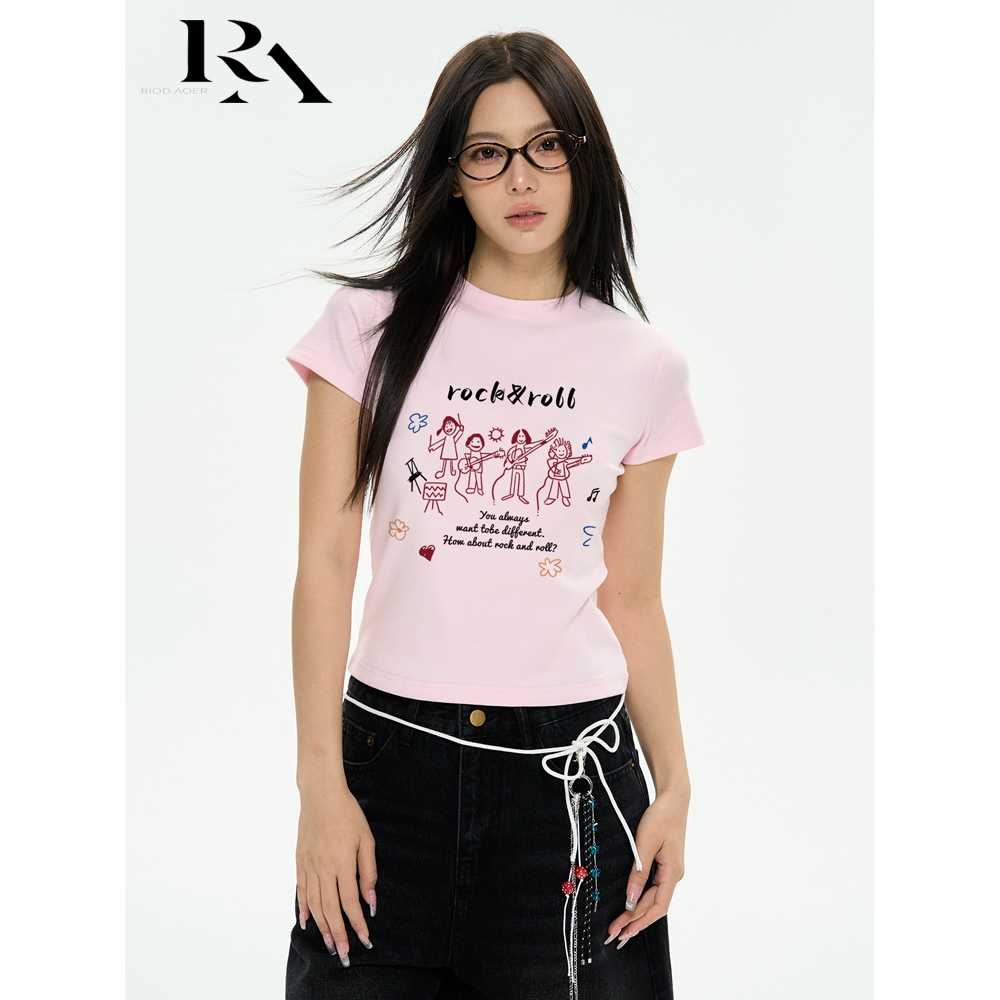 RIOD AOER baju atasan wanita terbaru Kaos wanita lengan pendek untuk musim panas tim bernyanyi bahag