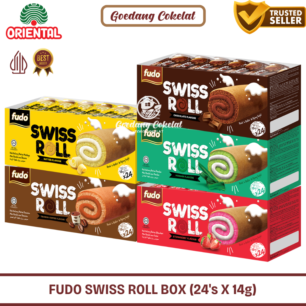 

Fudo Swiss Roll Layer Cake With Cream Flavour Pandan Coklat Chocolate Strawberry Butter 1 Box isi 24pcs 432g