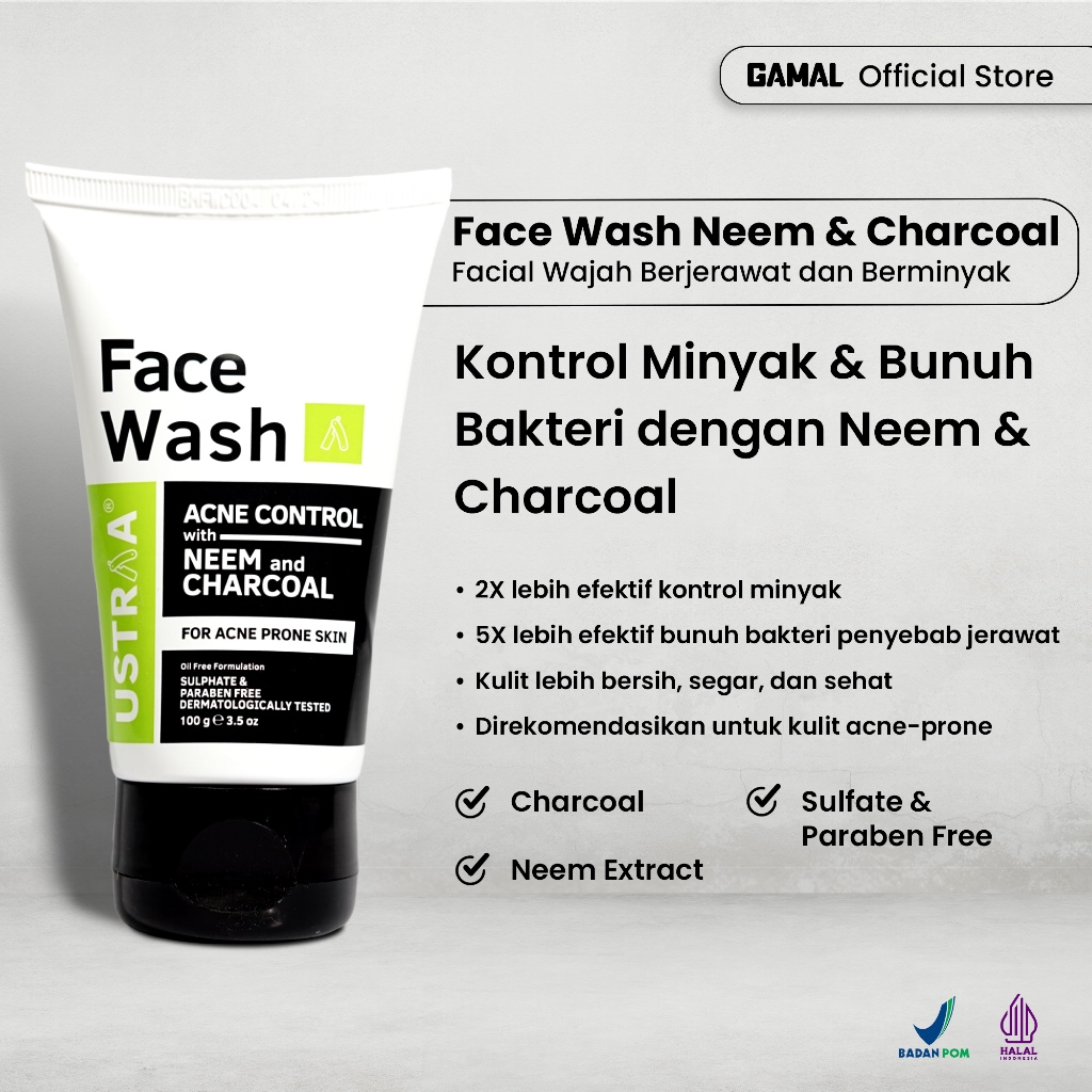 GAMAL | Ustraa Face Wash Neem & Charcoal | 100gr | Facial Wajah Berjerawat dan Berminyak