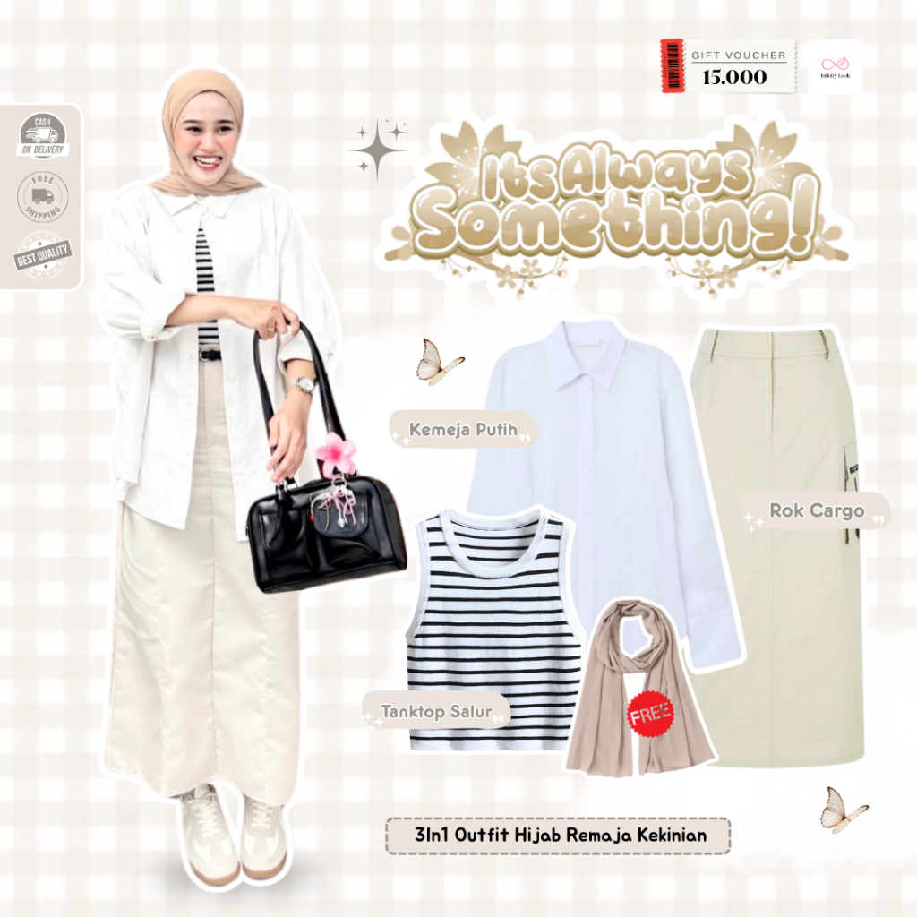 Ootd Hijab Style One Set Rok | Kemeja Putih Basic, Tanktop Salur Putih, Rok Cargo Korean Cream | One