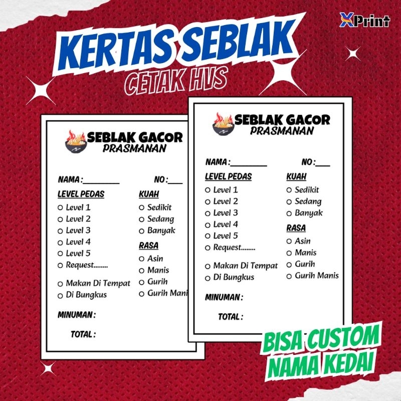 (100 pcs) kertas order seblak logo / kertas pesanan menu seblak prasmanan / kertas pesan seblak pras