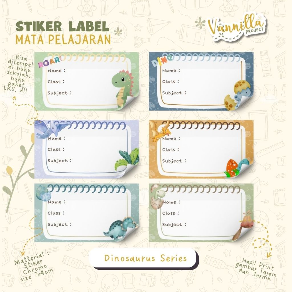 

40 PCS STIKER MATA PELAJARAN DINOSAURUS STIKER LABEL NAMA SEKOLAH
