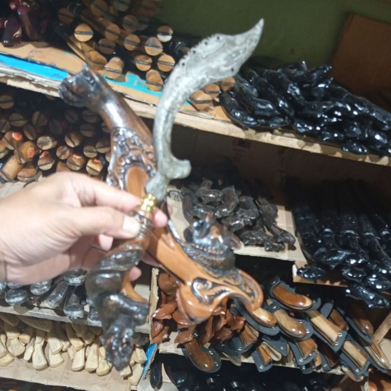 Sovenir Sunda Kujang Baja Pamor Damaskus Kayu Ukir