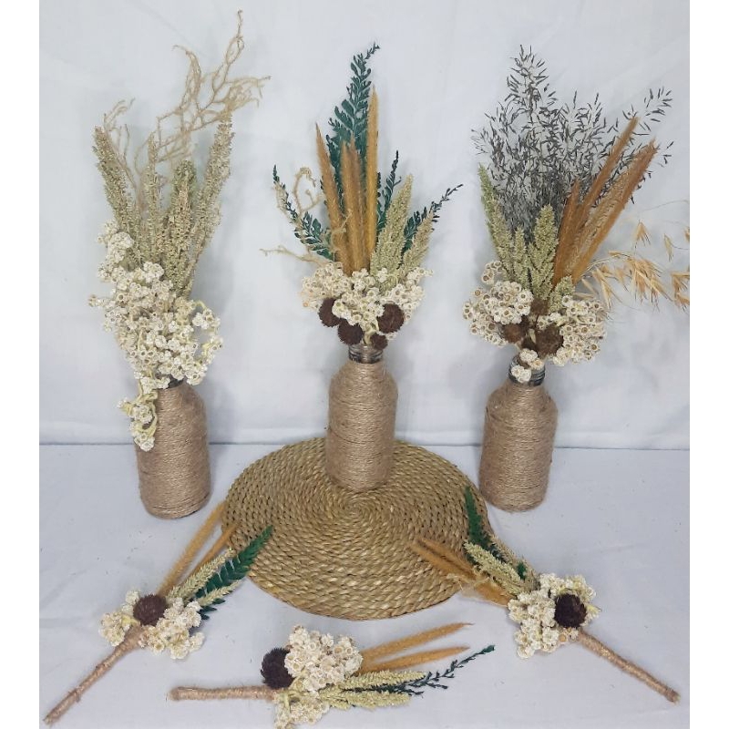 3 set vas botol vul tali rami/bunga meja/paket lengkap/bunga kering murah/bunga hias