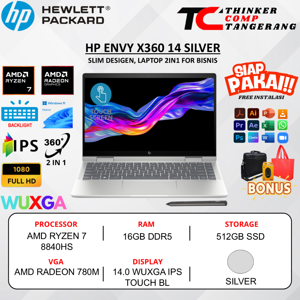 Laptop HP ENVY X360 14 AMD Ryzen 7 8840HS RAM 16GB 512GB 14" WUXGA IPS Touchscreen WiN 11 Original