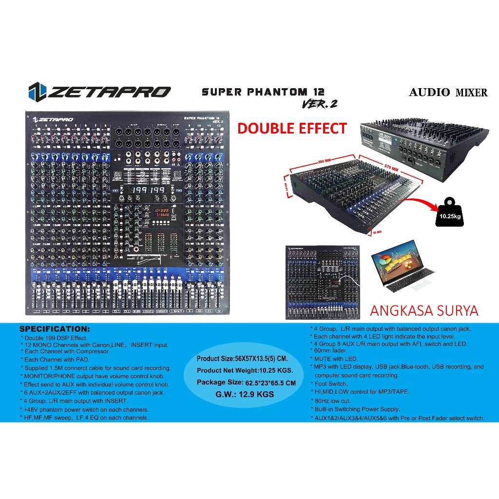 MIXER AUDIO ZETAPRO SUPER PHANTOM 12 VER 2 ORIGINAL , COMPRESSOR, DOUBLE EFFECT / ZETAPRO ORIGINAL