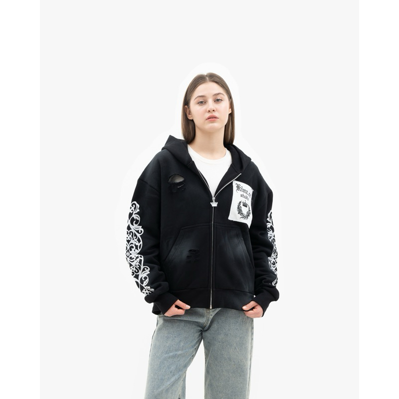 Crown S*05-Distressed Washed Zip Hoodie