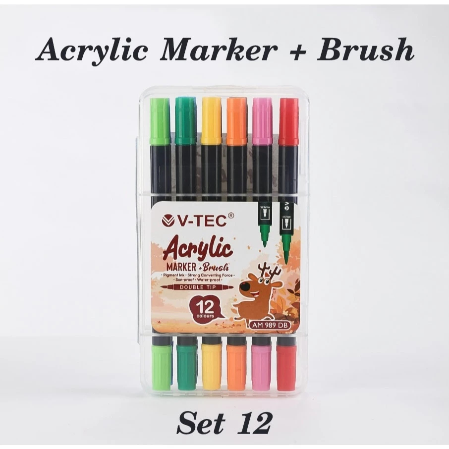 

V-TEC Acrylic Marker + Brush Pen 12 Colour Spidol Sketsa Dual Tip Brush Tip and Fine Tip AM 989