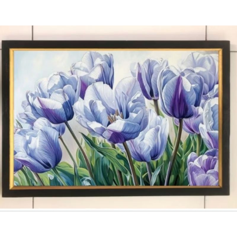 hiasan dinding lukisan cetak gambar bunga tulip ungu plus bingkai ukuran 45×65cm