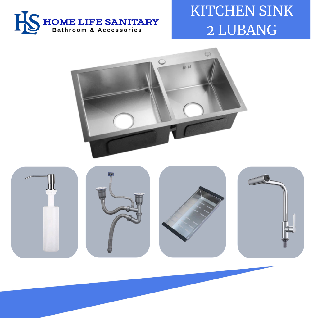 KITCHEN SINK 2 LUBANG STAINLES SUS 304/BAK CUCI PIRING 2 LUBANG