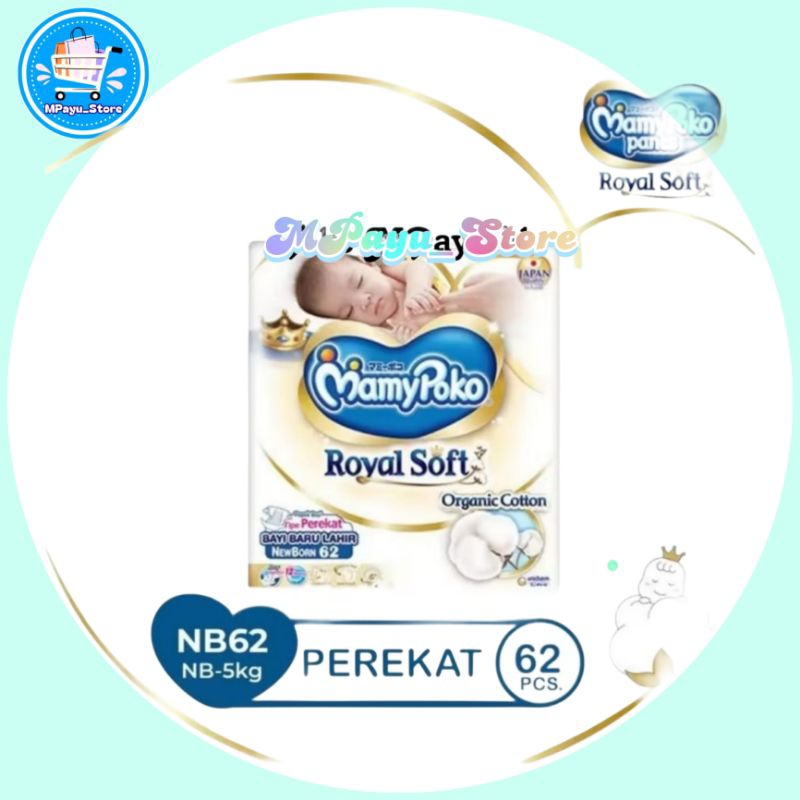 (1 Pack NB62/S60) -MamyPoko Royal Soft Organic Cotton NB62 S60 Popok Perekat Popok Bayi Baru Lahir