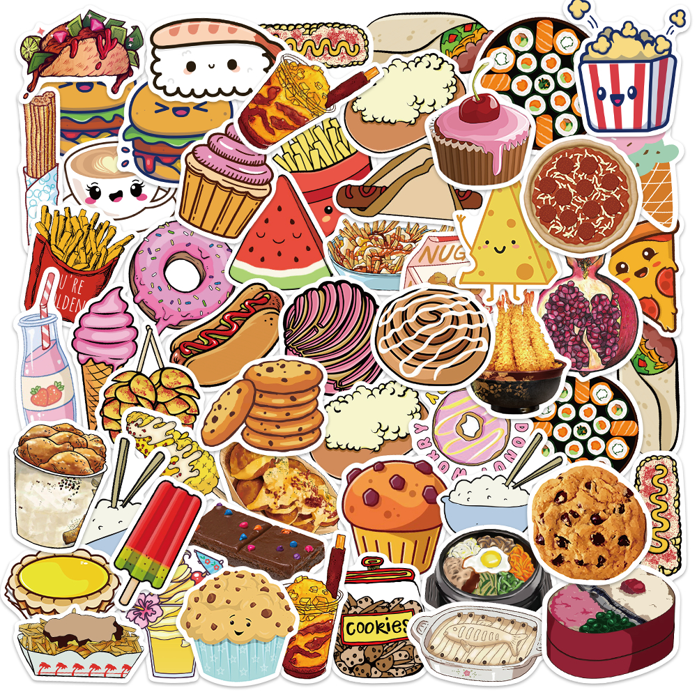 

50PCS Lucu Kartun Makanan Stiker Anti Air Stickers Berperekat Decal Buat Motor Helm Buku Journal Koper Casing HP Laptop Botol Minum / Sticker Makanan Lucu