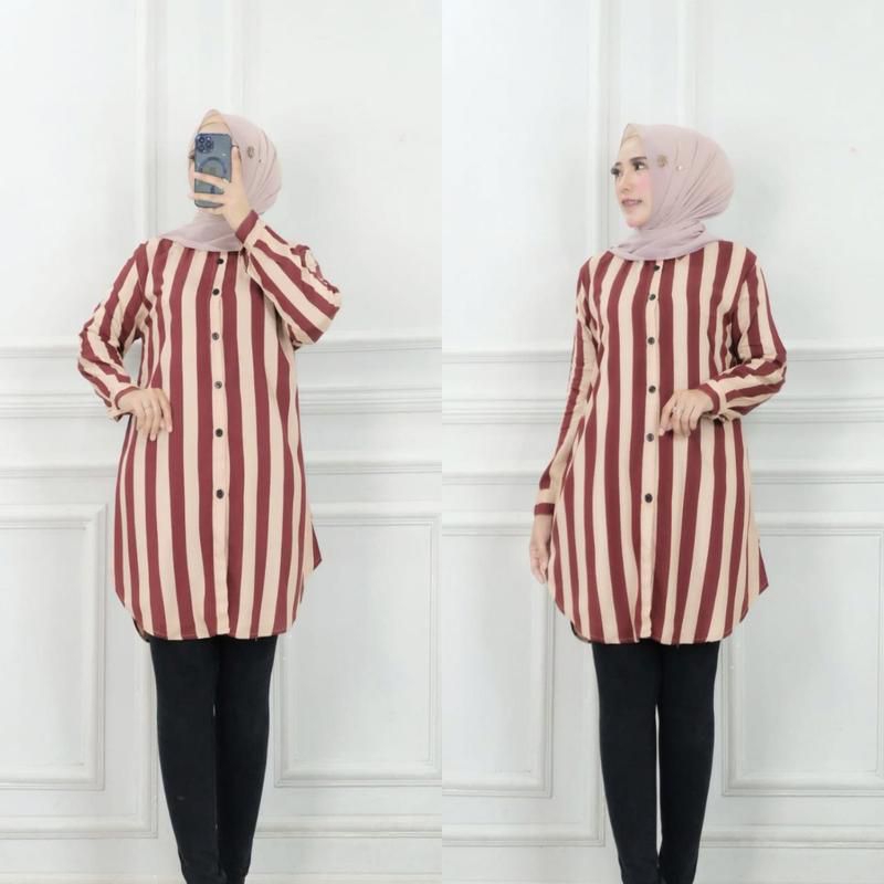 Layla Tunik Motif Salur Rayon Kemeja Atasan Wanita Dewasa Muslim Casual Remaja