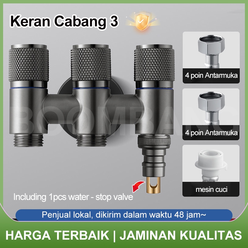 Keran Air Mesin Cuci Kran Cabang 3 Kran Tembok Taman Otomatis Anti Jatuh 304 Stainless Minimalis Jat