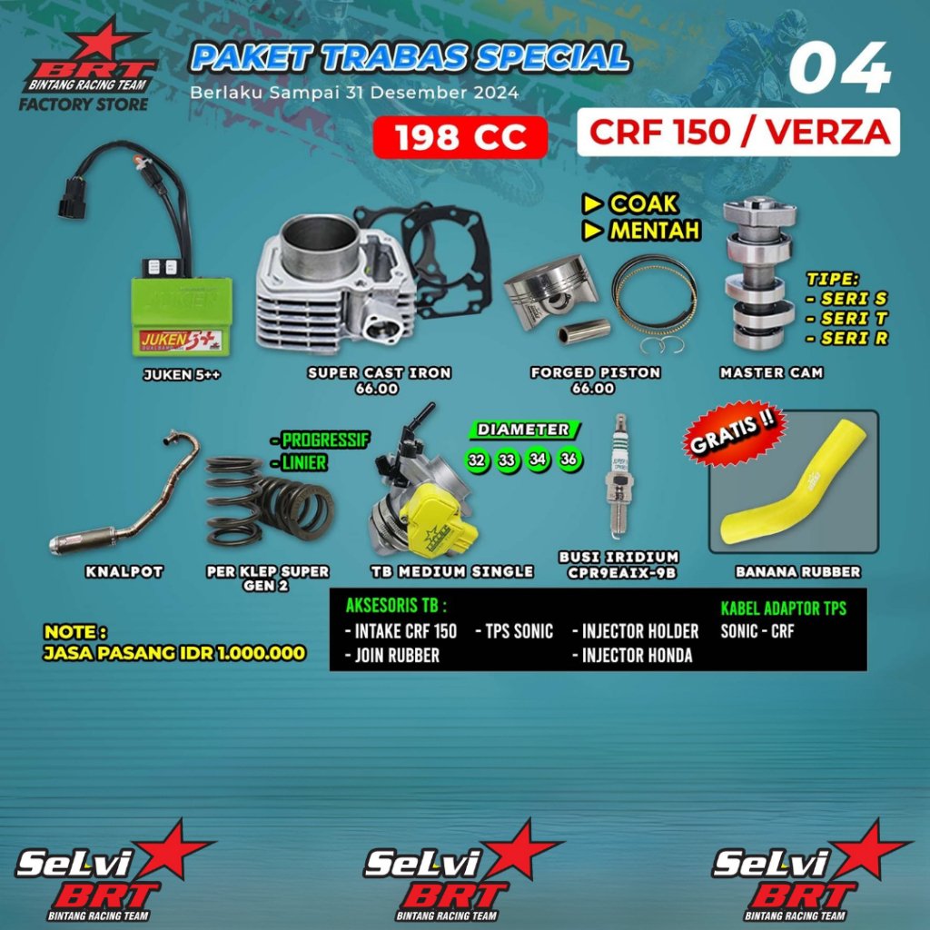 PAKET TRABAS BRT BLOK CAST IRON SET PISTON 66.00 MM ECU JUKEN 5++ MASTER CAM NOKEN AS BUSI IRIDIUM T