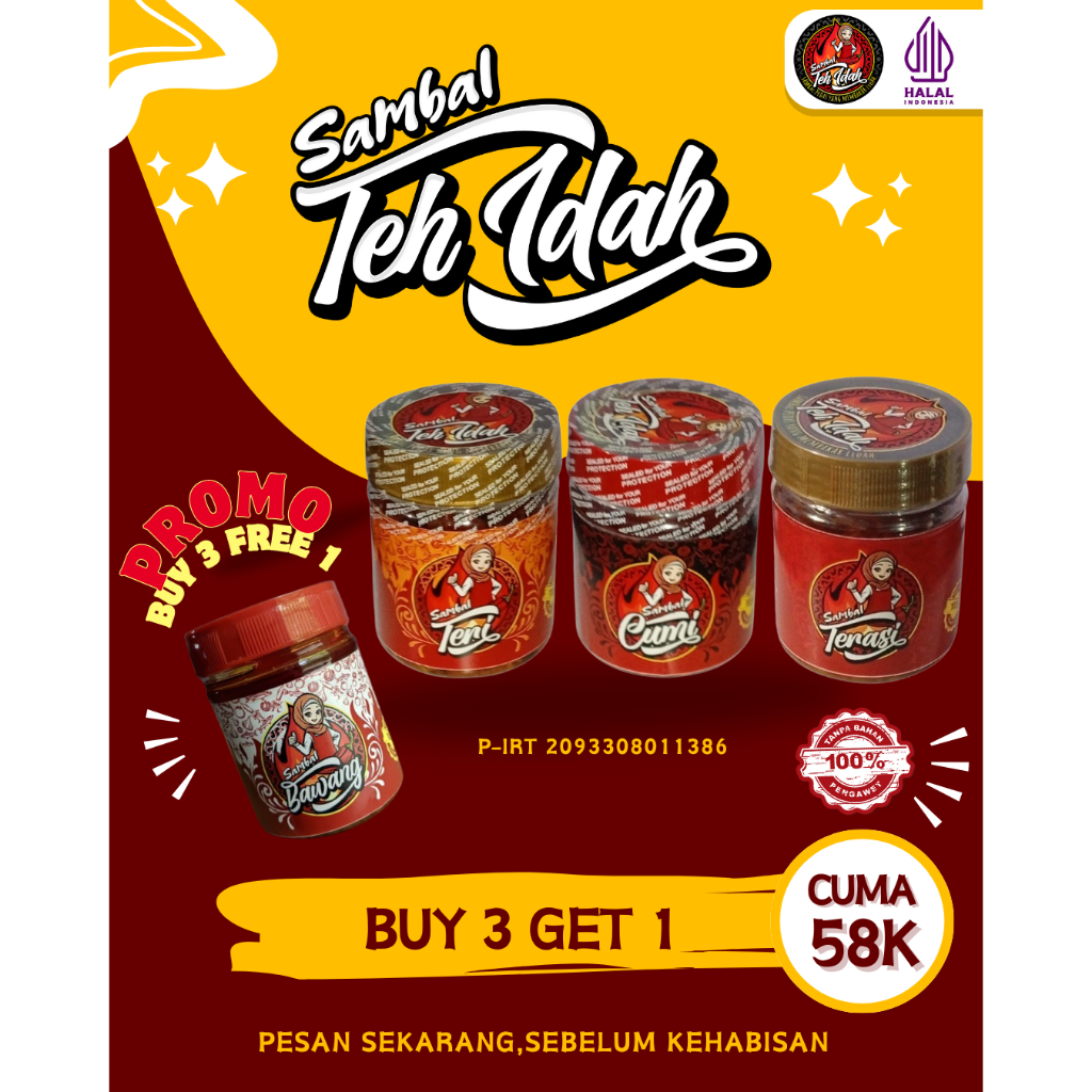 

SAMBAL TEH IDAH SAMBAL PAKET KOMPLIT. BELI 3 GRATIS 1,(TERASI,CUMI,TERI, BAWANG) TEMAN MAKAN YANG DISUKAI SEMUA ORANG INDONESIA, SAMBAL TEH IDAH
