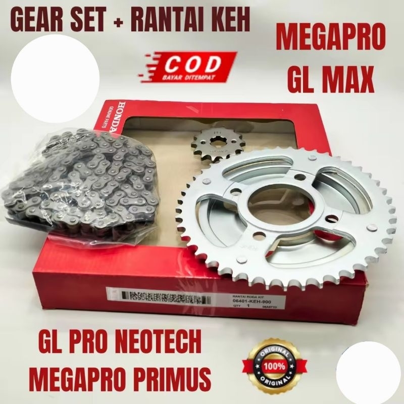 GEAR SET RANTAI HONDA KEH GL PRO NEOTECH MEGAPRO PRIMUS GL MAX ORISINIL ASLI AHM GER GIR GIGI TARIK