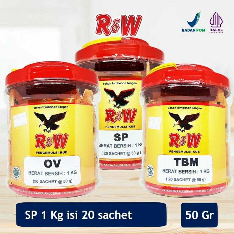

Emulsifier SP Ovalet TBM Pengemulsi Pelembut Pengembang Kue Roti Rajawali R&W RW 1 Kg Toples 50 gr isi 20 sachet