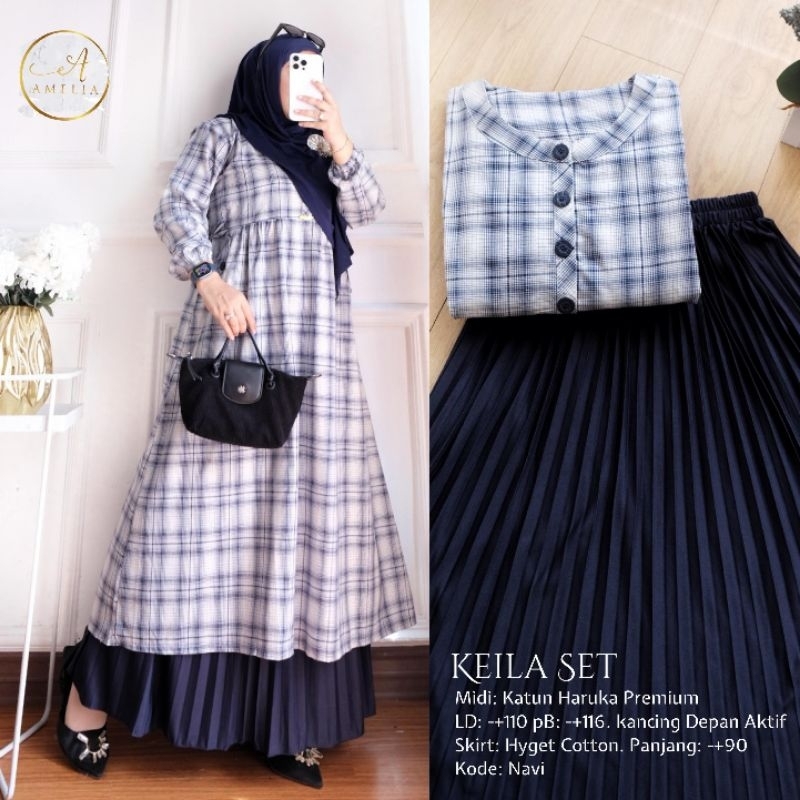 DMR Keila Set Tunik katun Haruka dan Rok plisket by Amelia motif kotak
