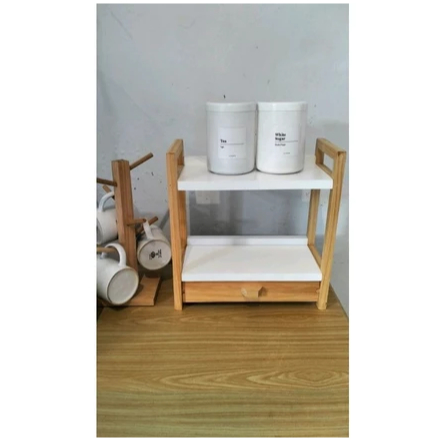 Rak Bumbu Dapur Kayu 2 Susun Rak Dapur Laci Mini Tempat Toples Bumbu Rak Kosmetik Serbaguna