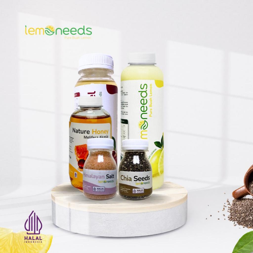 

LEMONEEDS PAKET CUKA APEL 250ML, SARI BUAH LEMON 250ML, MADU 100ML, CHIA SEED 50ML, GARAM HIMALAYA 50ML