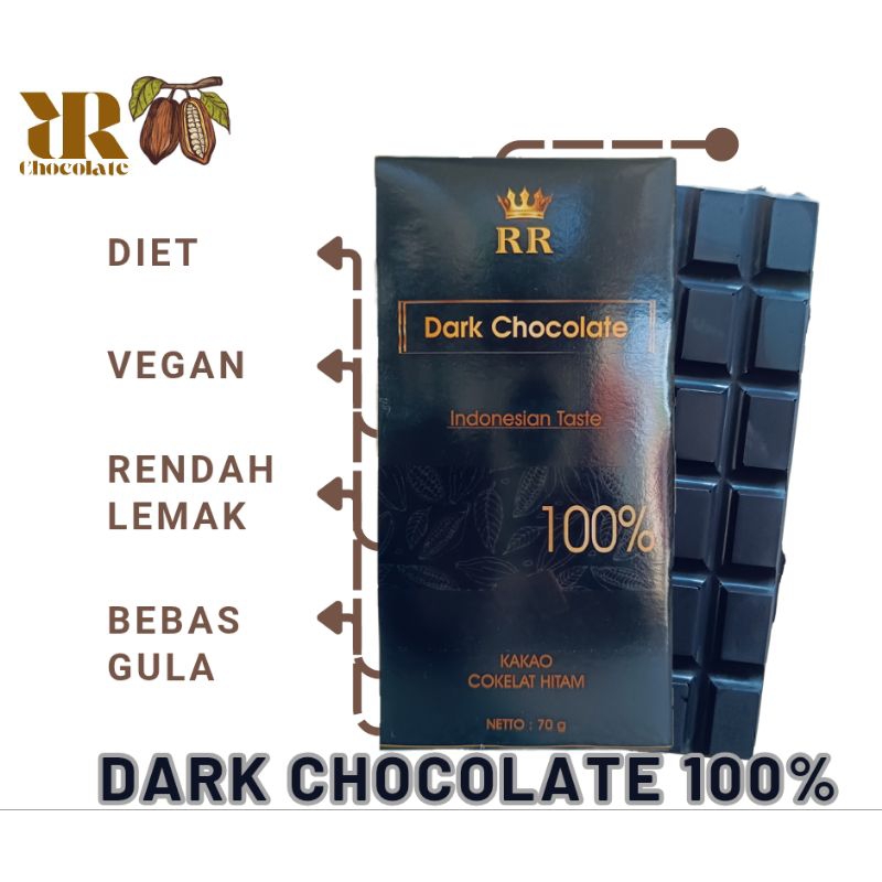 

DARK CHOCOLATE 100% (70G) , BEBAS GULA , RENDAH LEMAK , DIET , DIABET , VEGAN