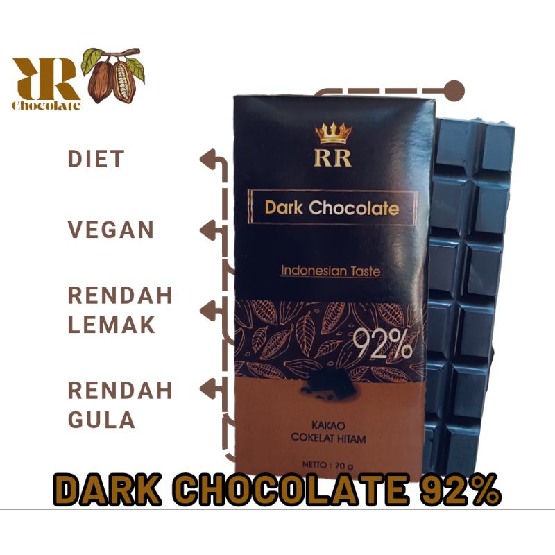 

DARK CHOCOLATE 92% (70GR). RENDAH GULA, RENDAH LEMAK , DIET , DIABET , VEGAN