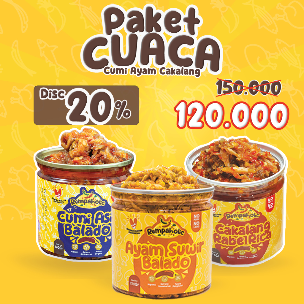 

Rempaholic - Paket CUACA Sambal Rempaholic 3 Varian Cumi Ayam Cakalang - Sambel Pedas Enak Praktis