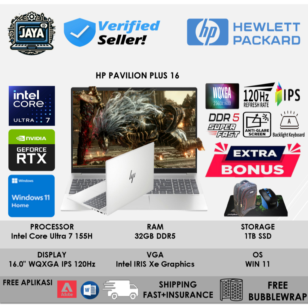 Laptop Slim HP PAVILION PLUS 16 INTEL EVO ULTRA 7 155H 32GB DDR5 1TB RTX4050 WQXGA IPS 120HZ BL