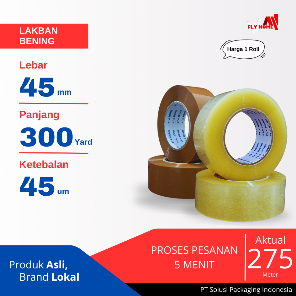 

FLYHOME Lakban bening coklat 300yard 275METER 2inci 45x300 yard 1rolls jumbo