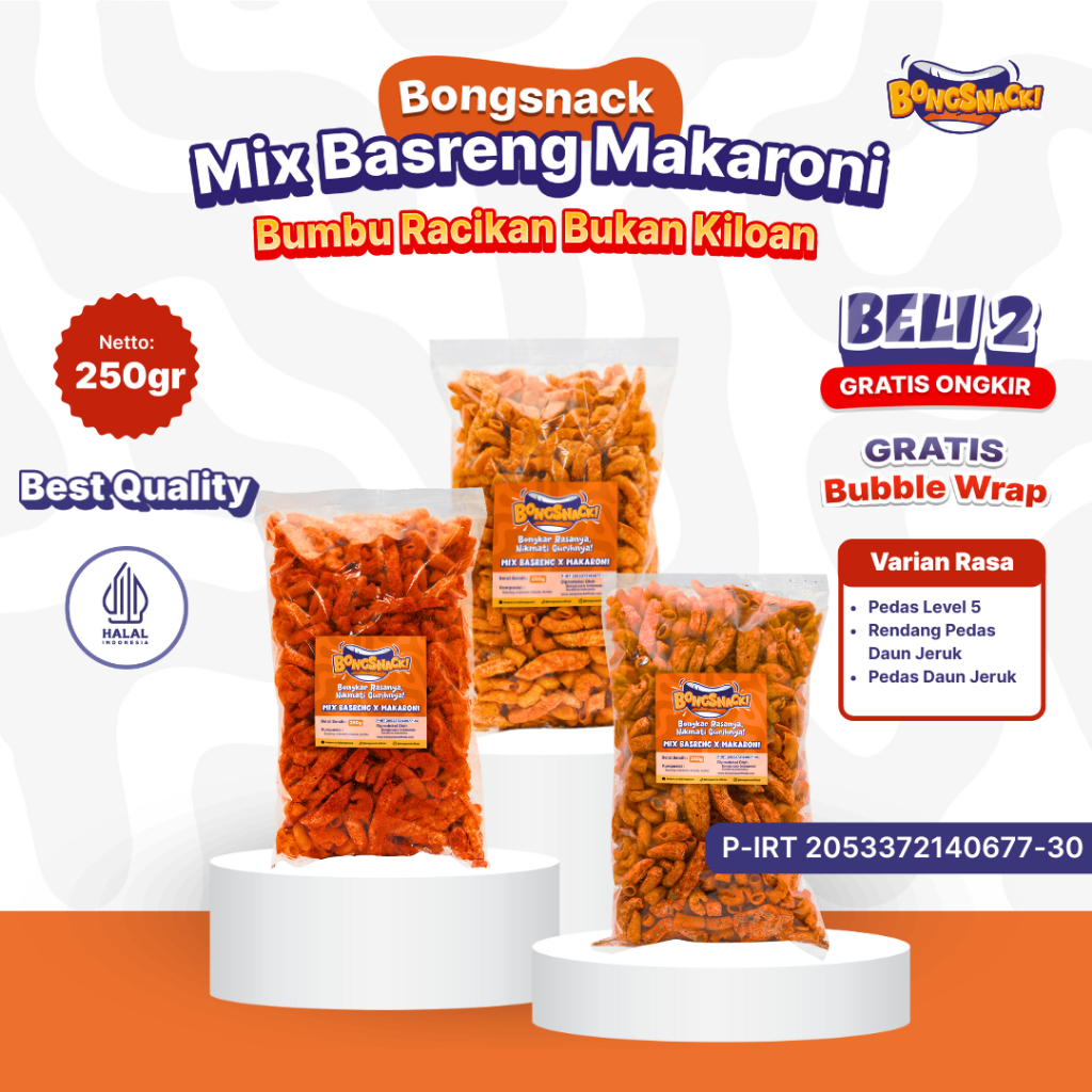 

BONGSNACK Cemilan Mix Makaroni Basreng- Isi 250gr Varian Rasa Cemilan Murah Makaroni Basreng