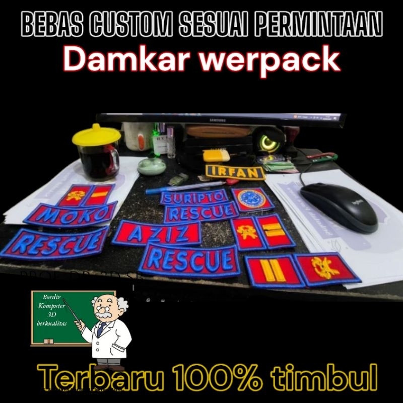 bordir pemadam 1set Nama/rescue + Pangkat Damkar Werpack Merah Terbaru