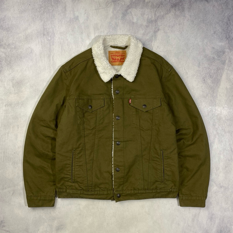 Levis Olive Green Duck Canvas Sherpa Trucker Jacket Casual Harrington Work Jacket