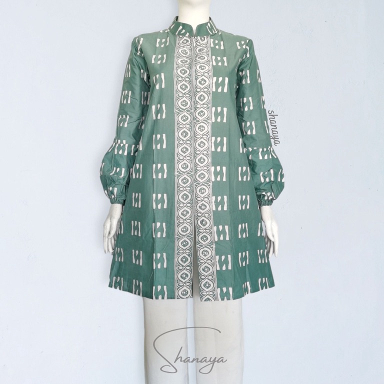 Koleksi Terbaru Shanaya Baju batik wanita Tunik Lengan balon Sage green Zipper depan sangat elegan d
