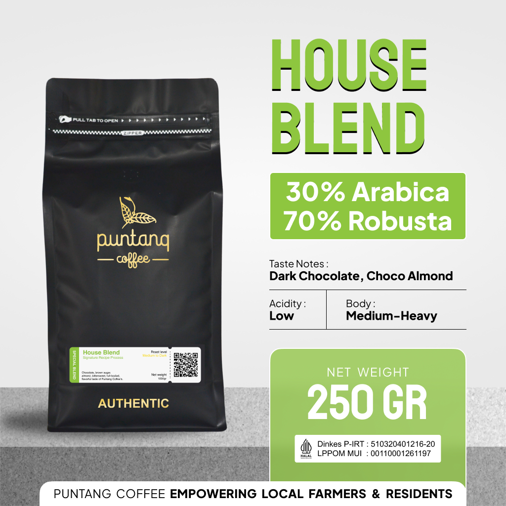 

Biji Kopi Bubuk 30% Arabika 70% Robusta House Blend Coffee Espresso Blend Asli Gunung Puntang 250 gram
